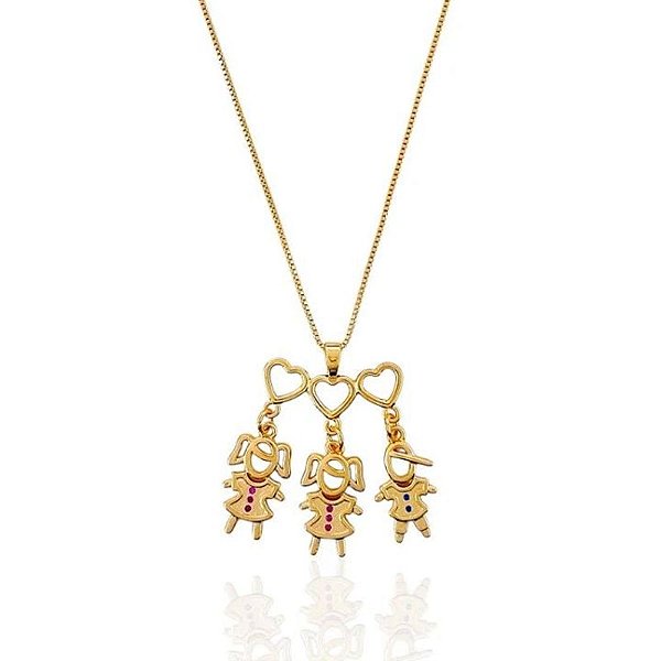 Colar Filhos (Duas Meninas e um Menino) Veneziana 45cm - Banho de Ouro 18k