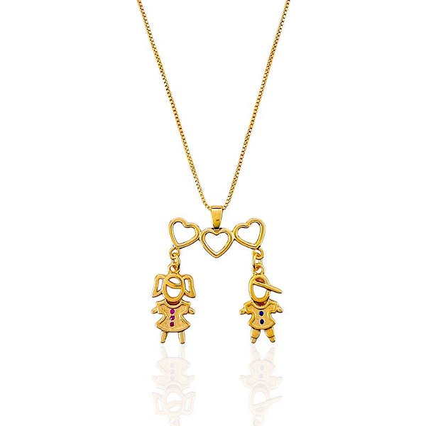 Colar Filhos (Uma Menina e um Menino) Veneziana 45cm - Banho de Ouro 18k