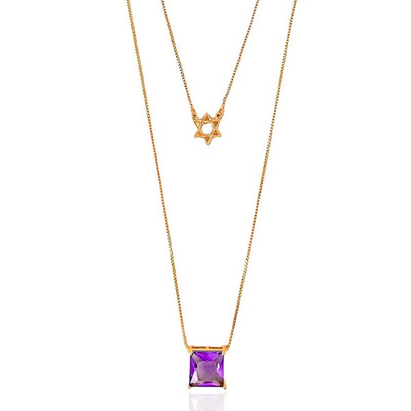 Colar Duplo Estrela de Davi e Zircônia Quadrada Veneziana 50cm + 5cm de Extensor - Banho de Ouro 18k