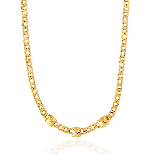 Colar Elo Grumet com 3 Spike 45cm + 10cm de Extensor - Banho de Ouro 18k