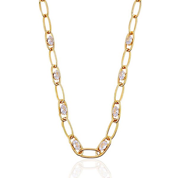 Colar Elo Oval com Zircônias Oval 45cm + 10cm de Extensor - Banho de Ouro 18k