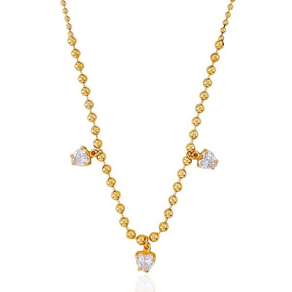 Colar 3 Corações Zircônia com Corrente Bolinha 45cm - Banho de Ouro 18k
