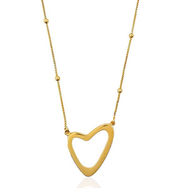 Colar Coração Torto Veneziana com Bolinhas 50cm + 5cm de Extensor - Banho de Ouro 18k