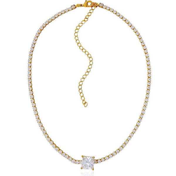 Colar Riviera Cristal com Zircônia quadrada 32cm + 10cm de Extensor - Banho de Ouro 18k