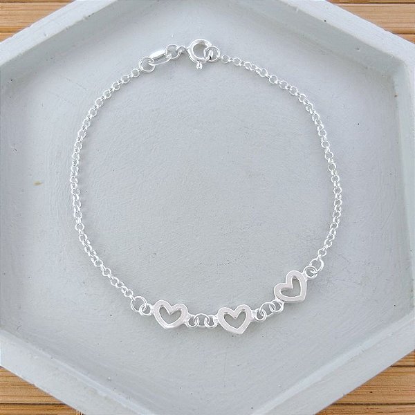Pulseira 3 Corações Vazados Elo Português 20cm - Prata 925