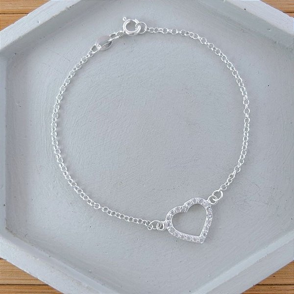 Pulseira Coração Vazado Cravejado Elo Português 19cm - Prata 925