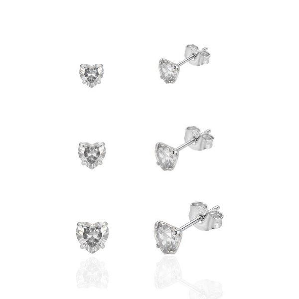 Brinco Trio Zircônia Coração Cristal - Prata 925