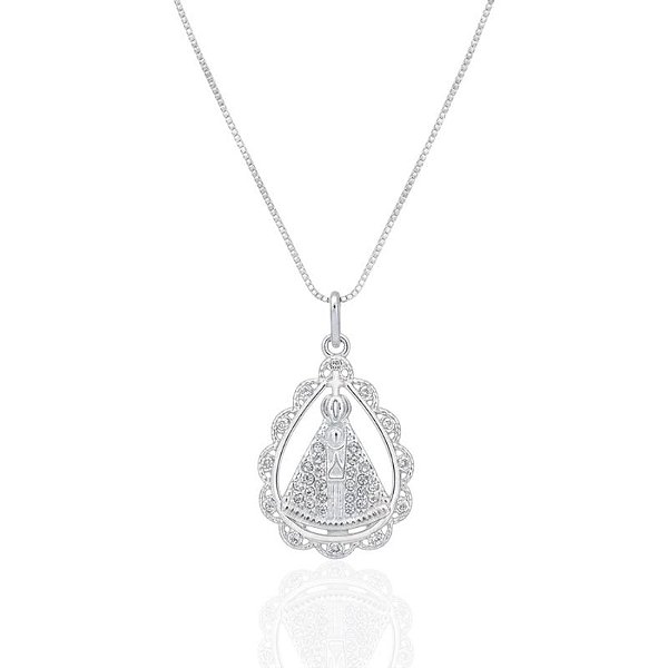 Colar Nossa Senhora Cravejada Gota Veneziana 45cm - Prata 925