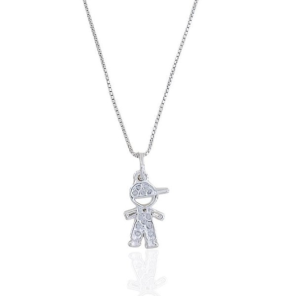 Colar Menino Boné e Roupa Cravejado Veneziana 45cm - Prata 925