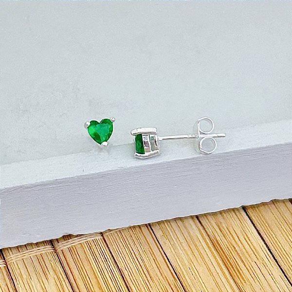 Brinco Coração Zircônia Verde 0,4cm - Prata 925