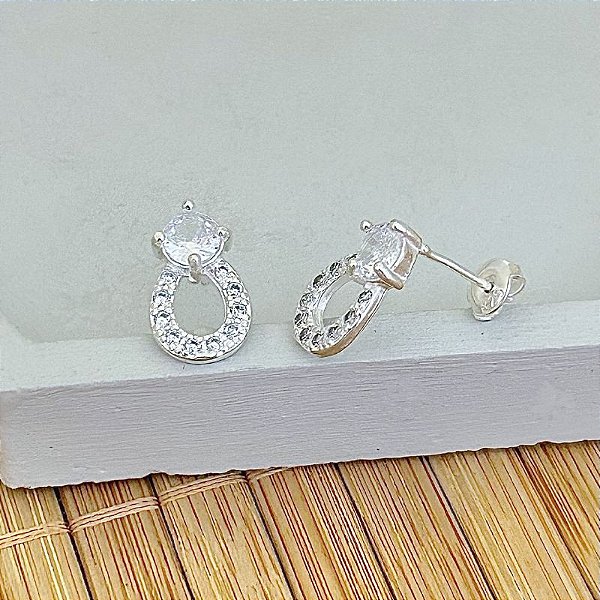 Brinco Zircônia Com Gota Vazada Cravejado 1,5cm - Prata 925
