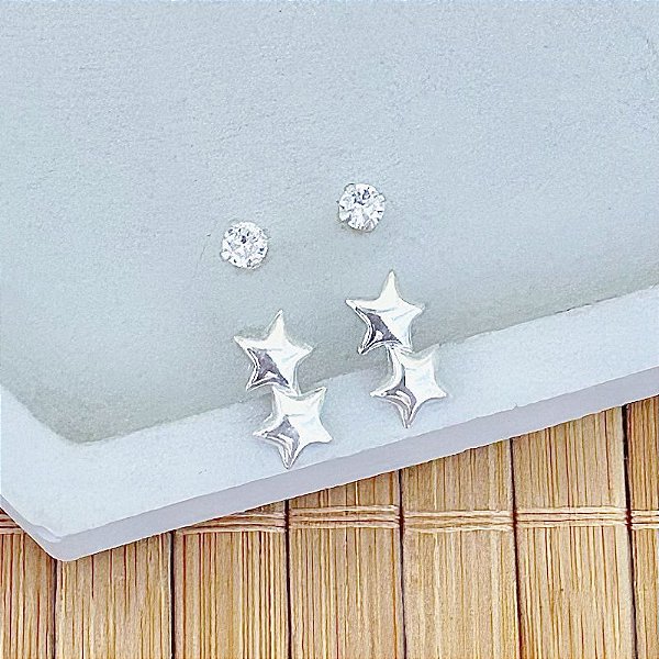 Brinco Duo Ponto de Luz e Estrela Dupla - Prata 925
