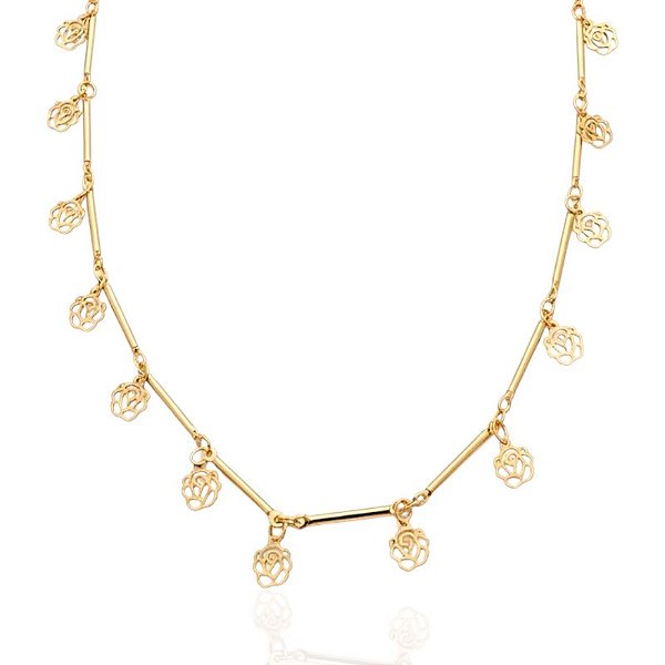 Colar Choker Rosas e Canutilhos 40cm - Banho de Ouro 18k