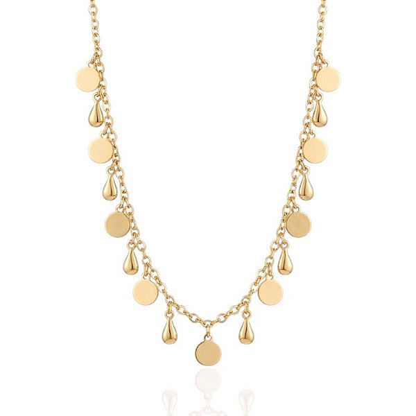 Colar Choker Elo Português Medalhinhas e Gotas Lisas 31cm - Banho de Ouro 18k