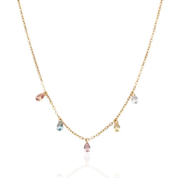 Colar Choker Elo Português e Cristais Coloridos 39cm - Banho de Ouro 18k