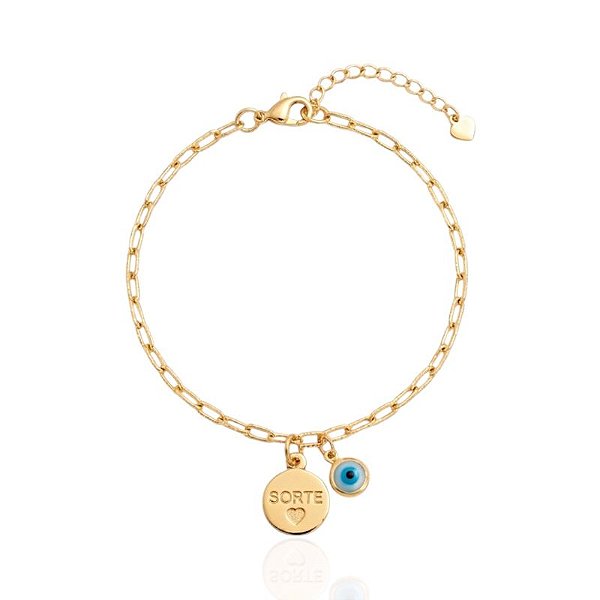 Pulseira Elo Cartier Plaquinha Sorte e Olho Grego - Banho de Ouro 18k