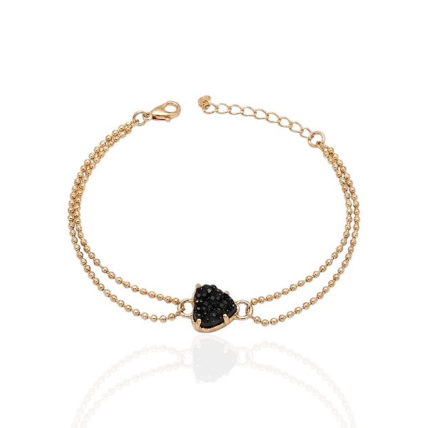 Pulseira Bolinha Coração Resina Preta Brilhante - Banho de Ouro 18k