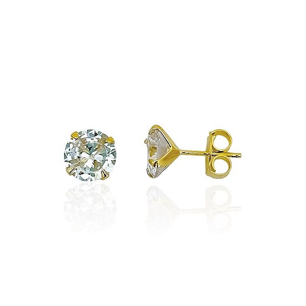 Brinco Zircônia Redonda 8mm - Banho de Ouro 18k