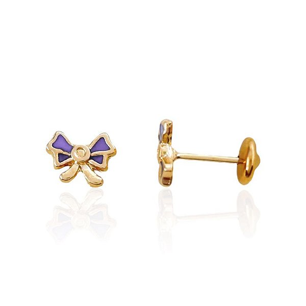 Brinco Infantil Laço Roxo Resinado - Banho de Ouro 18k
