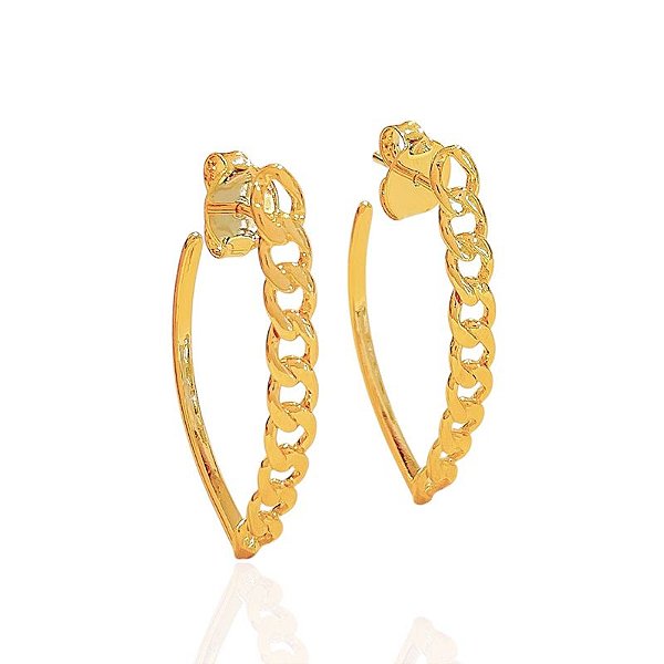 Brinco Argola Oval Meia Corrente Grumet - Banho de Ouro 18k