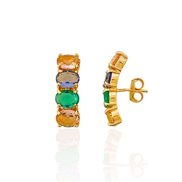 Brinco Ear Hook 4 Zircônias Ovais Coloridas - Banho de Ouro 18k