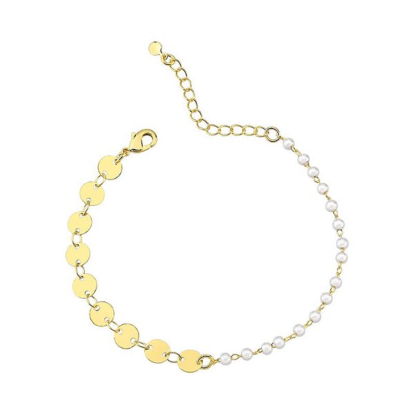 Pulseira Perolas e Plaquinhas 17cm - Banho de Ouro 18k