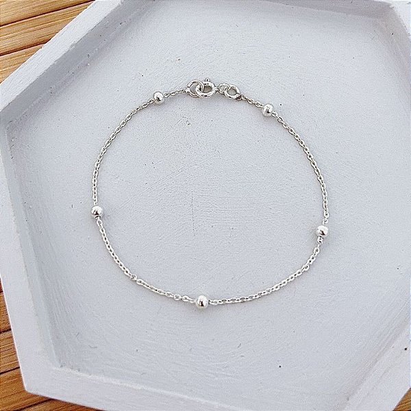 Pulseira Infantil Elo Português c/ bolinhas 16cm - Prata 925