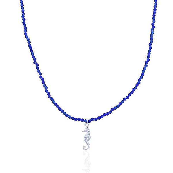 Colar Cristal Azul c/ Cavalo Marinho 38cm + extensor de 8cm - Prata 925