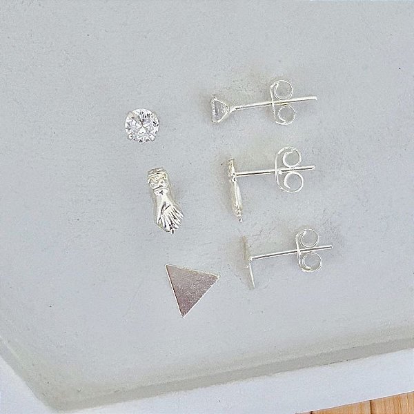Brinco Trio Triângulo Liso, Ponto de Luz e Figa - Prata 925