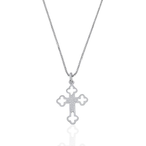 Colar Crucifixo Trabalhado Vazado 2cm x 1,6cm 45cm - Prata 925