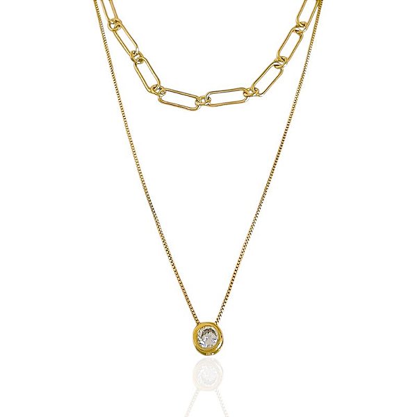 Colar Chocker Dupla Elo Longo e Veneziana com Ponto de Luz 37cm - Banho de Ouro 18k