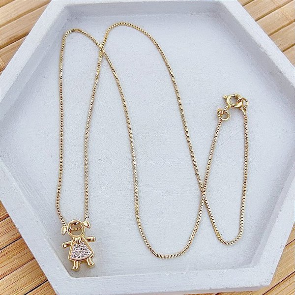 Colar Menina Cravejada Vazada 45cm - Banho de Ouro 18k