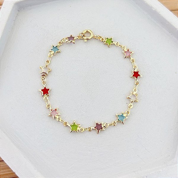 Pulseira Infantil Estrela Coloridas 15cm - Banho de Ouro 18k