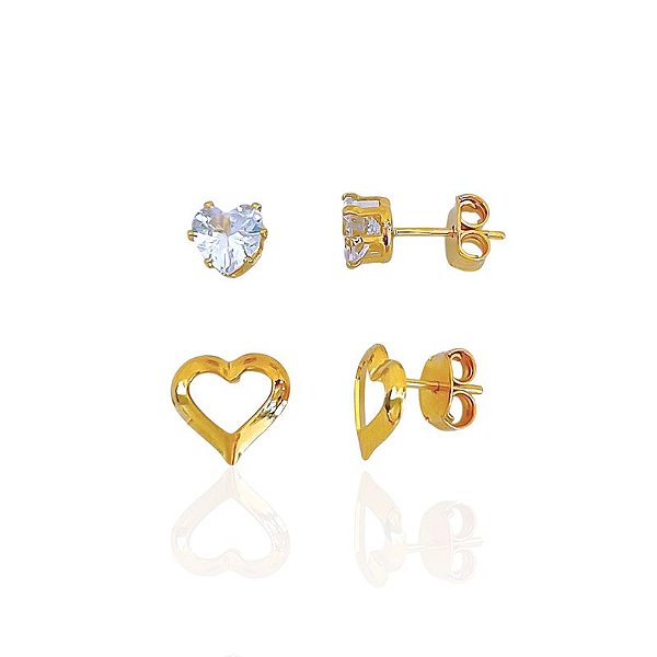 Brinco Duo Zircônia Coração e Coração Vazado - Banho de Ouro 18k