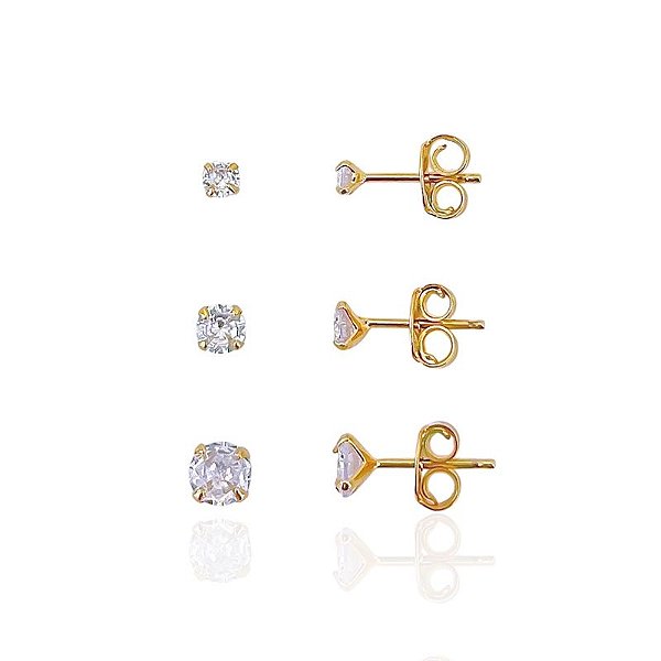Brinco Trio Zircônia Redonda Cristal - Banho de ouro 18k