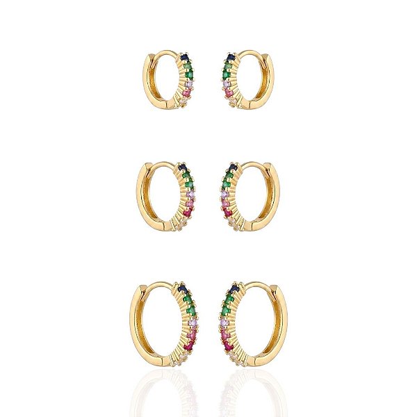 Brinco Trio de Argolinha Cravejada Colorida - Banho de Ouro 18k