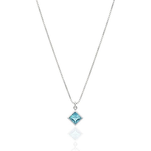 Colar Ponto de Luz Quadrado Azul Claro 45cm - Prata 925