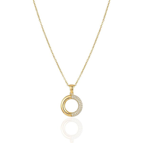 Colar Elo Português com Círculo Liso e Cravejado 40cm - Banho de Ouro 18k