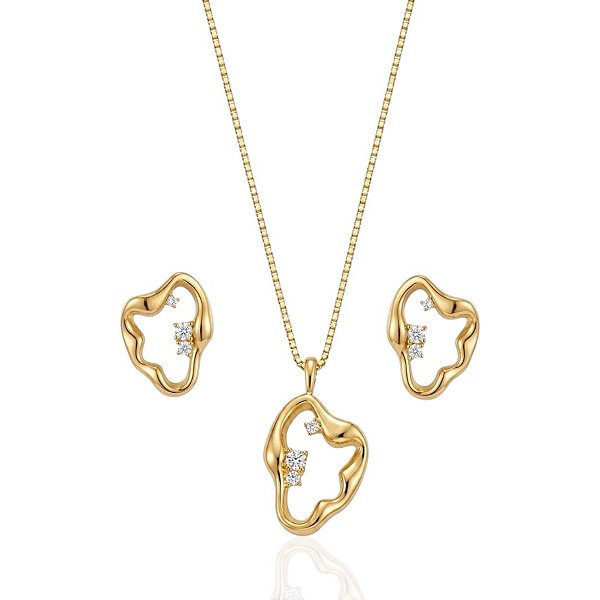 Conjunto Colar + Brinco Organico com Zircônia 45cm - Banho de Ouro 18k