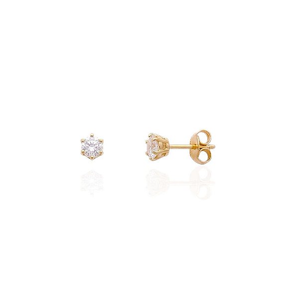 Brinco Ponto de Luz Zircônia Redonda 6 Garras - Banho de Ouro 18k