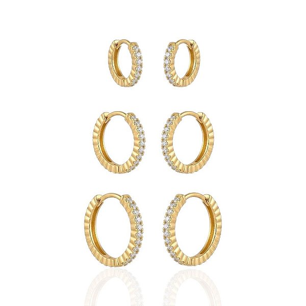 Brinco Trio de Argolinha Cravejada Cristal - Banho de Ouro 18k