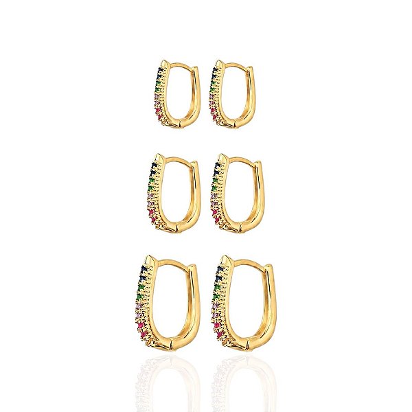 Brinco Trio de Argolinha Oval Cravejada Colorida - Banho de Ouro 18k