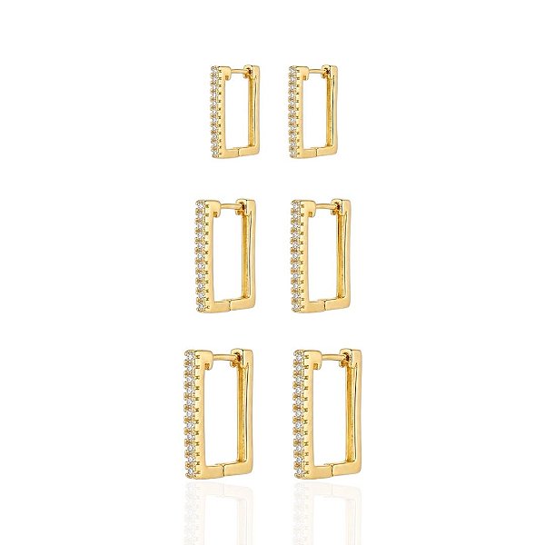 Brinco Trio de Argolinha Retangular Cravejada - Banho de Ouro 18k