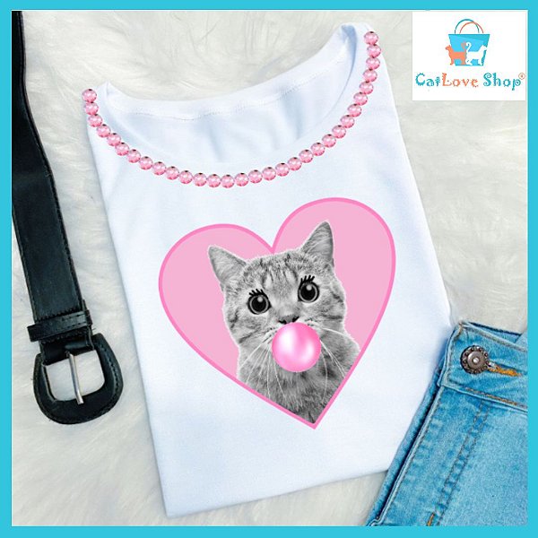 Camiseta T Shirt - Gatinho Goma De Mascar (COM PEDRARIA)