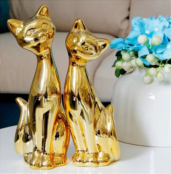 Estatueta Gatos Apaixonados - Cerâmica - Dourado Ouro