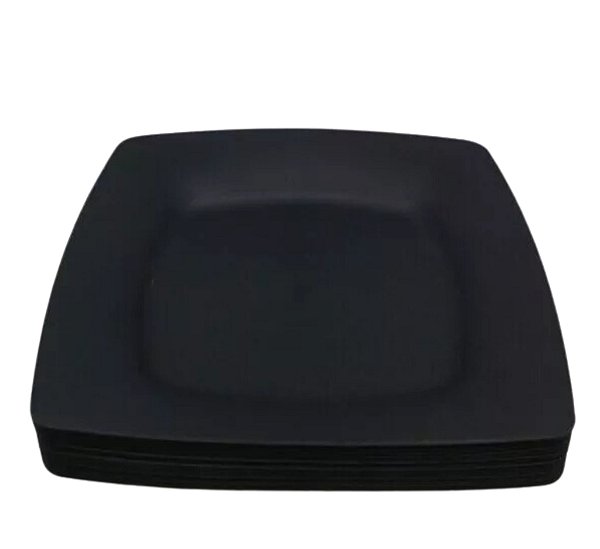 Jogo 10 Prato Quadrado Preto Plástico - Lanche Churrasco Espetinho Porções