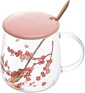 CANECA DE VIDRO COM TAMPA E COLHER SAKURA 500ML