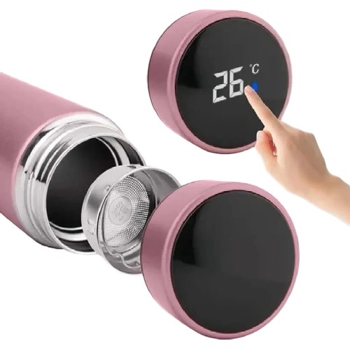 Garrafa Térmica com Visor Sensor de Temperatura Led 500ml em Inox para Café Água e Chá com Infusor