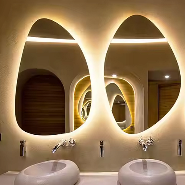 Espelhos Duplo Irregular Orgânico Lapidado Com LED Decorativo