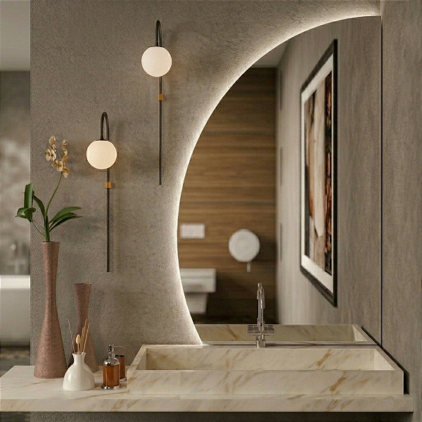 Espelho Meia Lua Lapidado com LED Decorativo Moderno